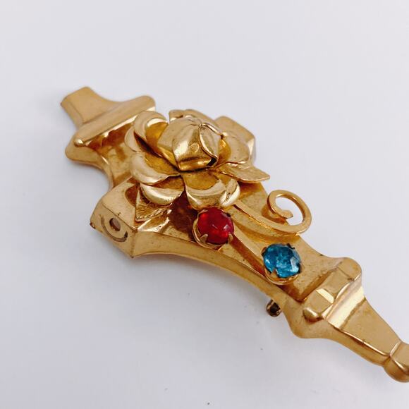 VTG 1940s Mid Century Brooch Pendant Convertible Red Blue Rhinestones Gold Tone - Picture 3 of 11